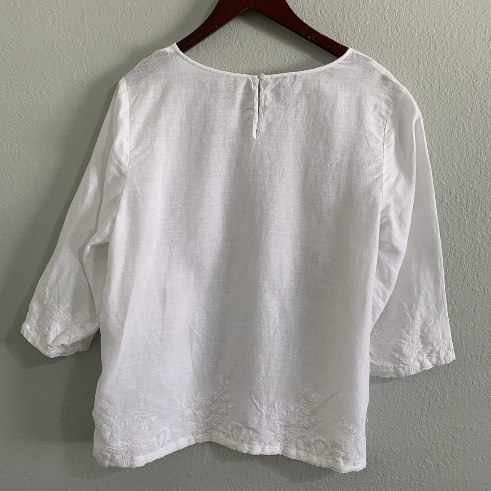 Talbots 1X White Linen Embroidered Blouse Boho Cottagecore Floral 3/4 Sleeve Top - Picture 4 of 11